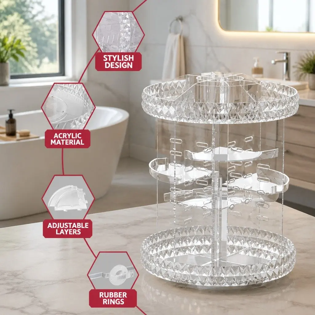 Makeup Organizer Acrylic Rotating Cosmetic Storage Display Holder 27cm x 27cm x 32.5cm