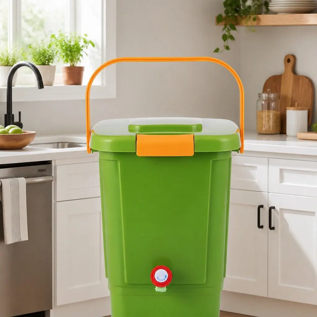 Kitchen Compost Caddy 15L Food Waste Bin Square Drain Tap Inner Cover Carry