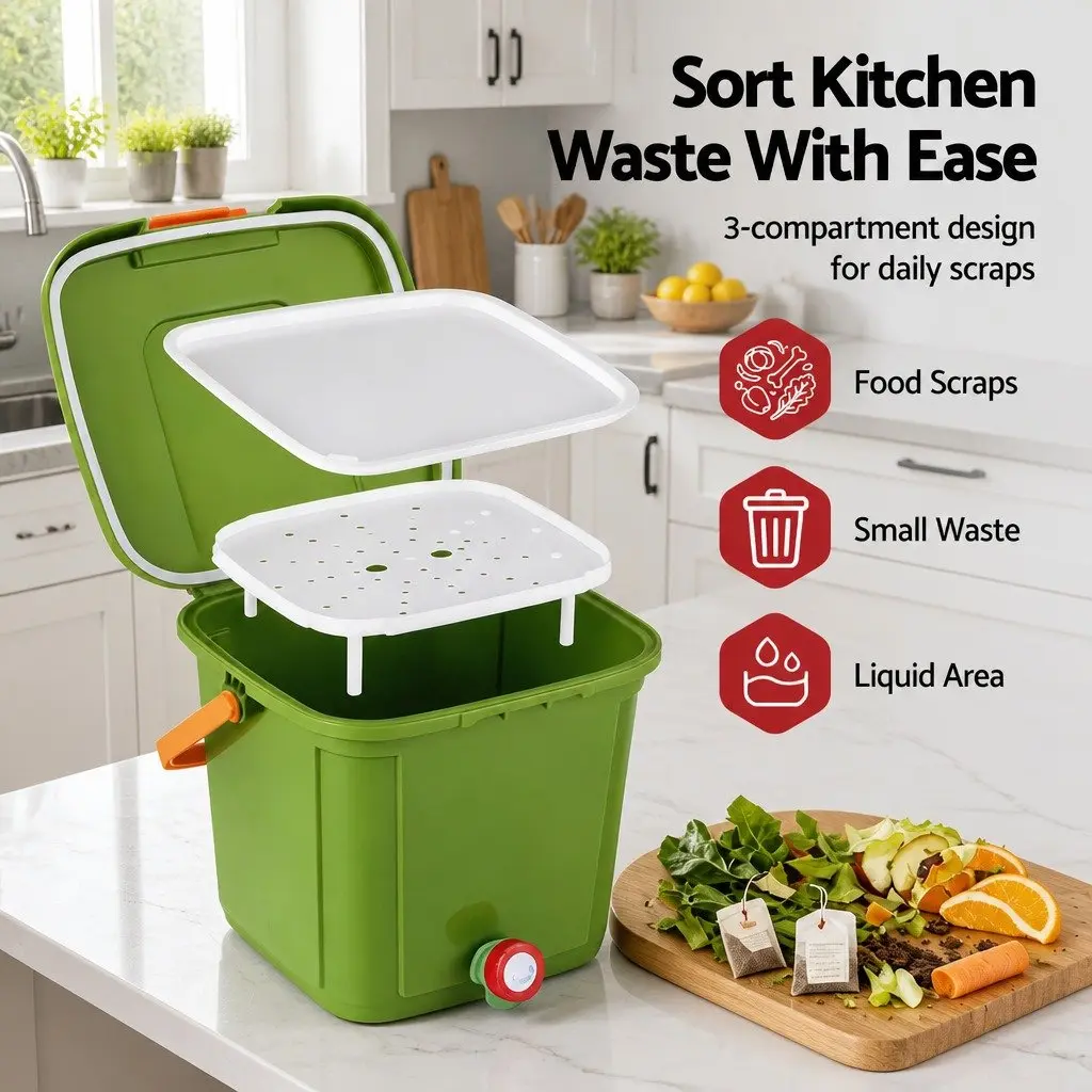 Kitchen Compost Caddy 15L Food Waste Bin Square Drain Tap Inner Cover Carry
