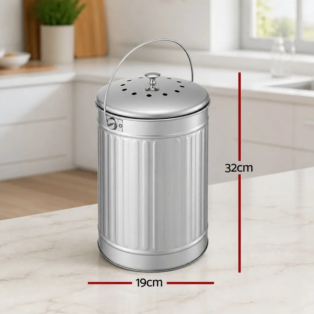 Countertop Compost Bin Kitchen Food Waste Caddy 6L Storage Container Silver