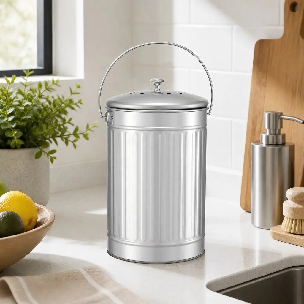 Countertop Compost Bin Kitchen Food Waste Caddy 6L Storage Container Silver