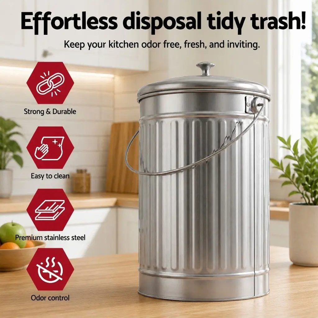 Countertop Compost Bin Kitchen Food Waste Caddy 6L Storage Container Silver