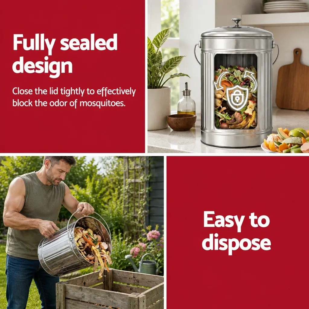 Countertop Compost Bin Kitchen Food Waste Caddy 6L Storage Container Silver