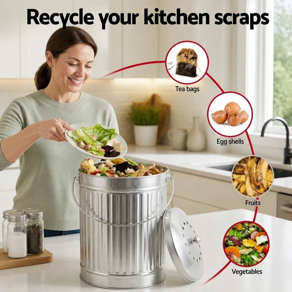 Countertop Compost Bin Kitchen Food Waste Caddy 6L Storage Container Silver