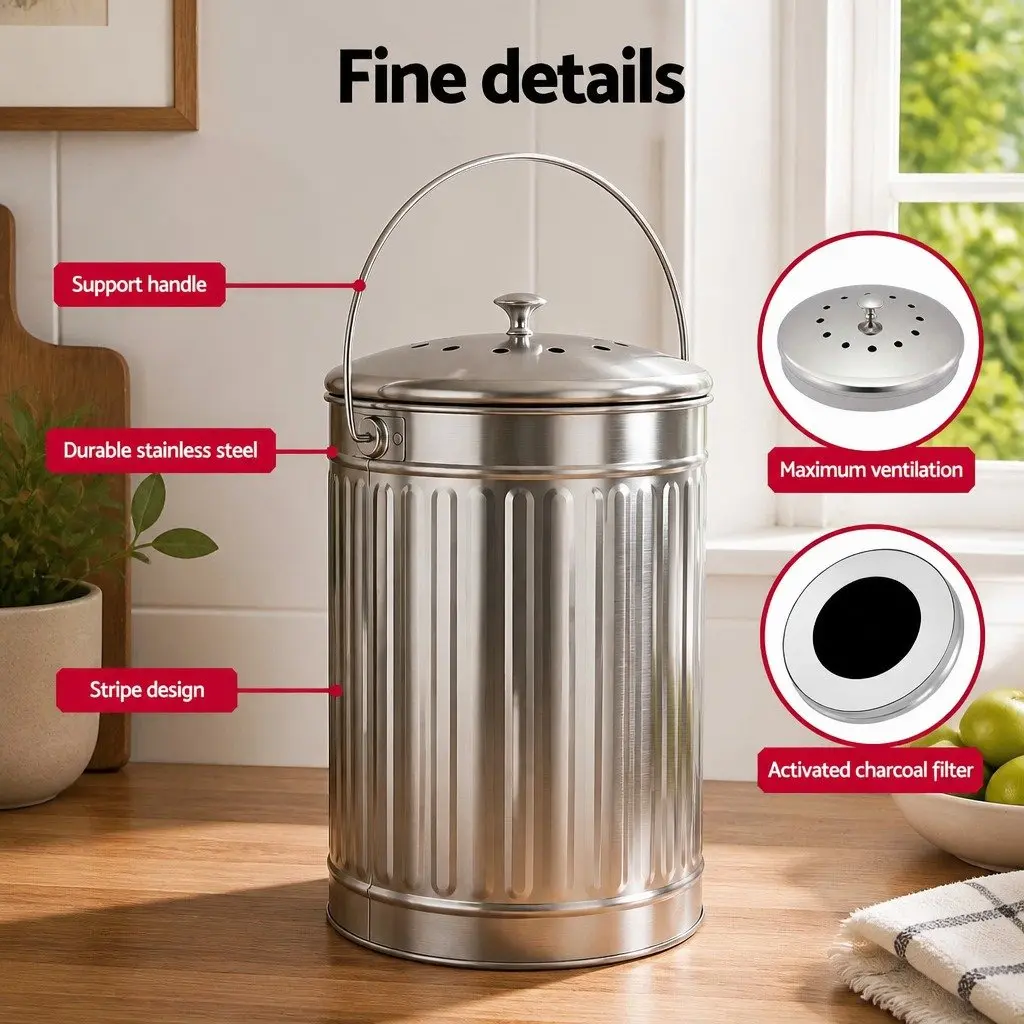 Countertop Compost Bin Kitchen Food Waste Caddy 6L Storage Container Silver