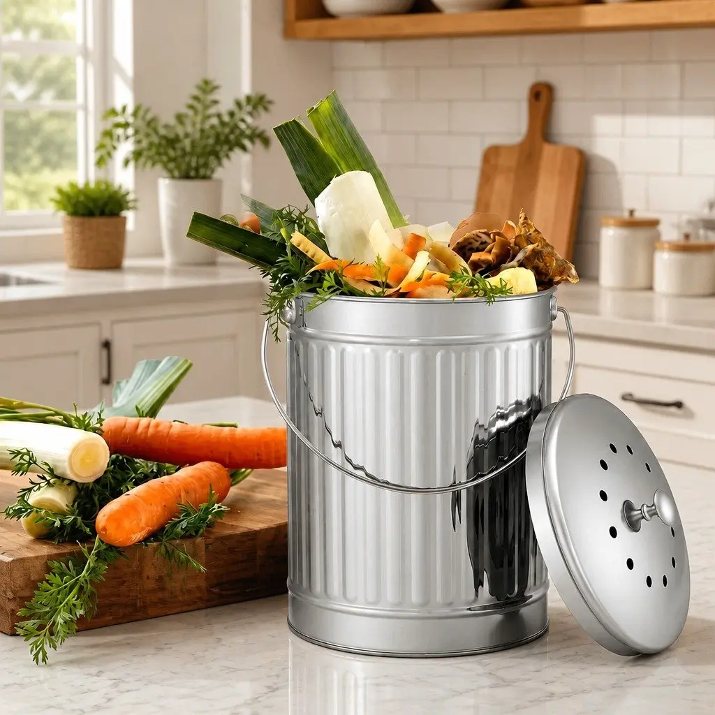 Countertop Compost Bin Kitchen Food Waste Caddy 6L Storage Container Silver