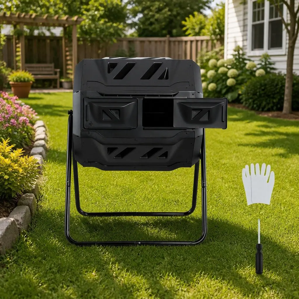 Dual-Chamber Compost Bin Tumbler for Garden 160L Black