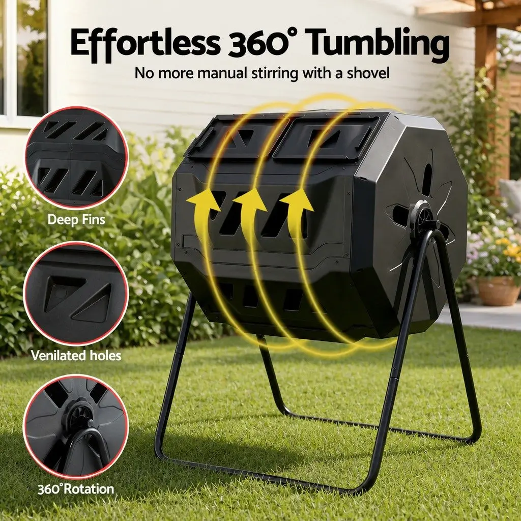 Dual-Chamber Compost Bin Tumbler for Garden 160L Black