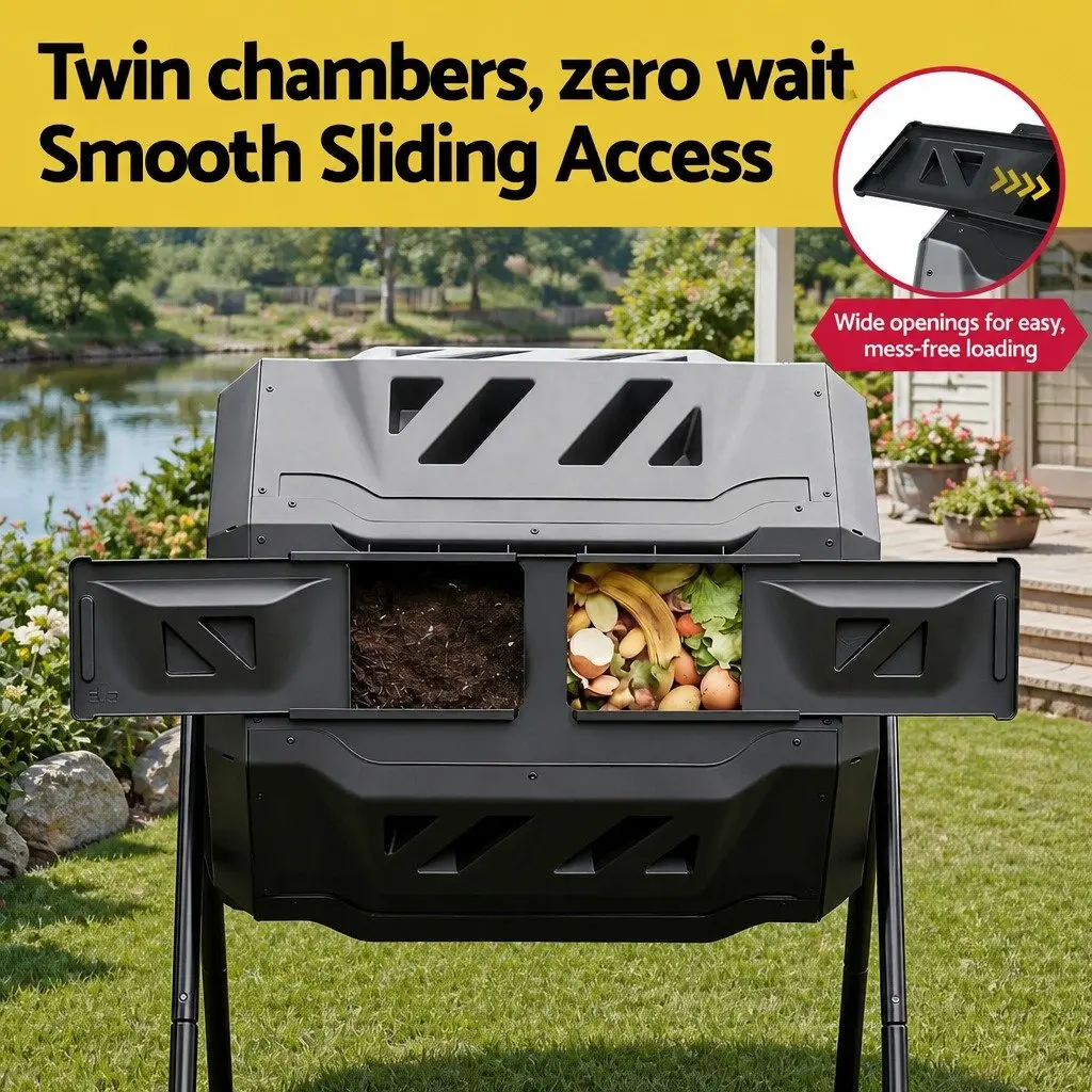 Dual-Chamber Compost Bin Tumbler for Garden 160L Black