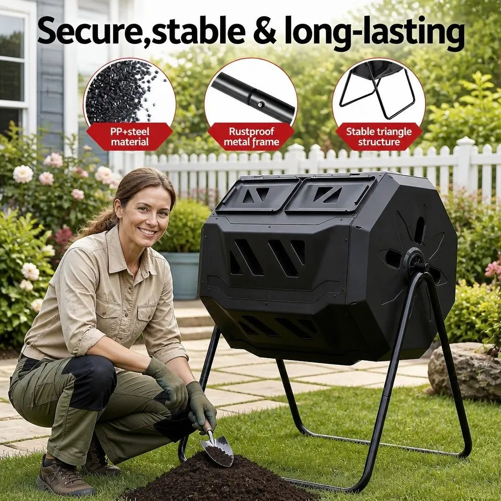 Dual-Chamber Compost Bin Tumbler for Garden 160L Black