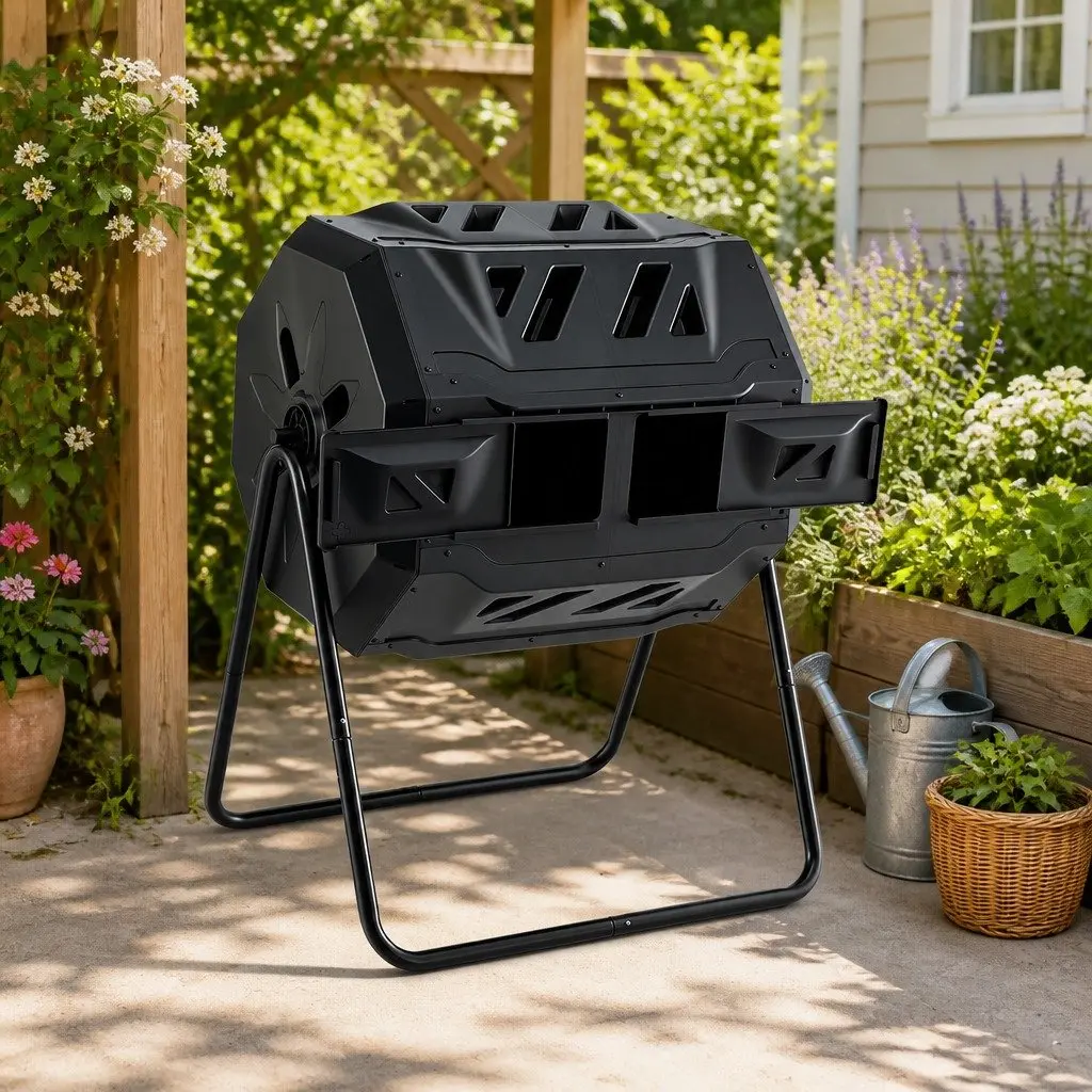 Dual-Chamber Compost Bin Tumbler for Garden 160L Black