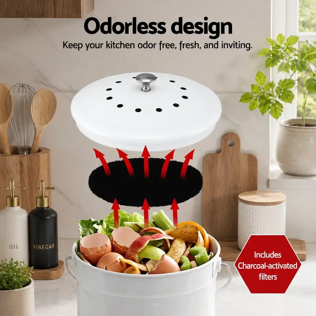 Kitchen Compost Caddy 6L Countertop Food Waste Bin Ventilated Lid Bench Storage