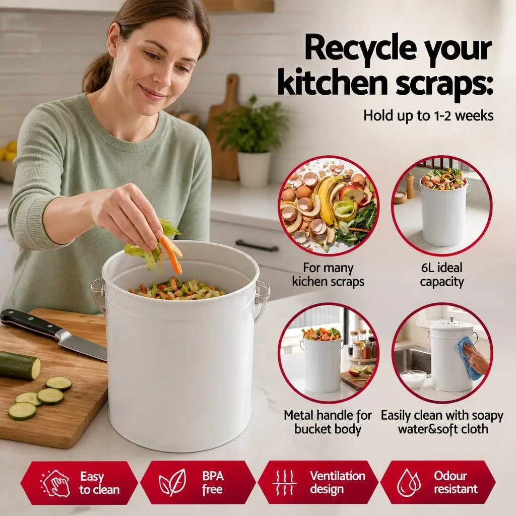 Kitchen Compost Caddy 6L Countertop Food Waste Bin Ventilated Lid Bench Storage