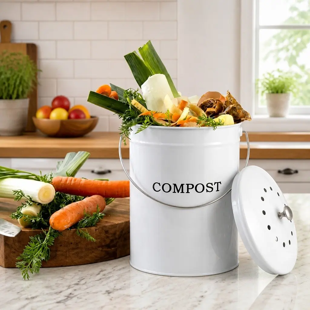 Kitchen Compost Caddy 6L Countertop Food Waste Bin Ventilated Lid Bench Storage