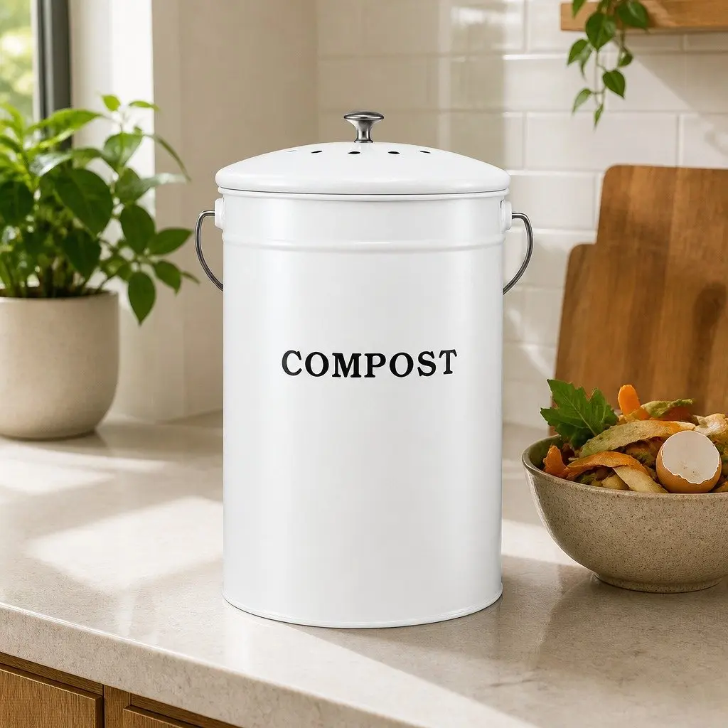 Kitchen Compost Caddy 6L Countertop Food Waste Bin Ventilated Lid Bench Storage