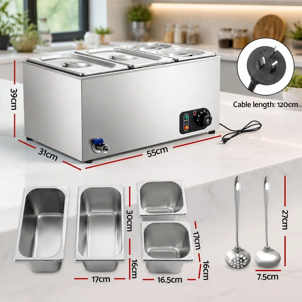 Commercial Food Warmer Bain Marie 4 Electric Buffet Pans Stainless Steel