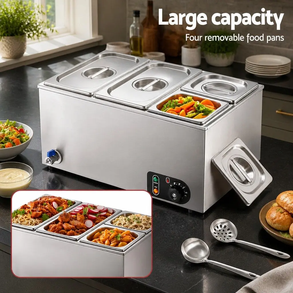Commercial Food Warmer Bain Marie 4 Electric Buffet Pans Stainless Steel