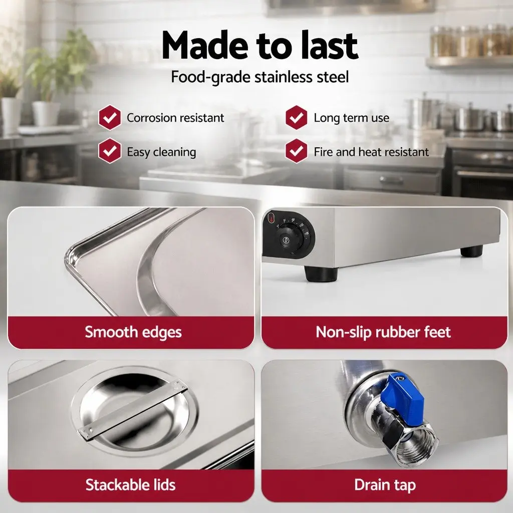 Commercial Food Warmer Bain Marie 4 Electric Buffet Pans Stainless Steel