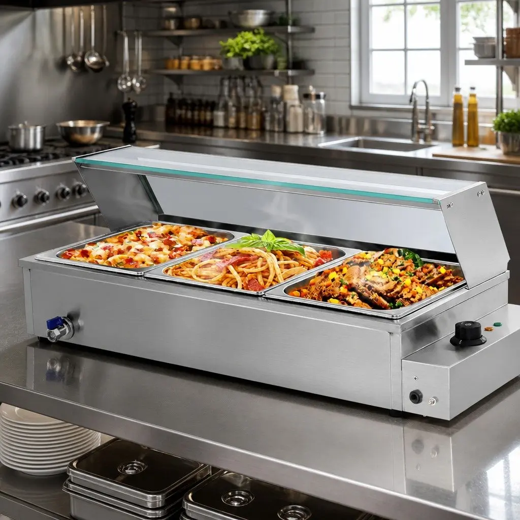 Bain Marie Food Warmer Electric Buffet Server 3 Pans for Kitchen Use 91cm x 39cm x 33.5cm