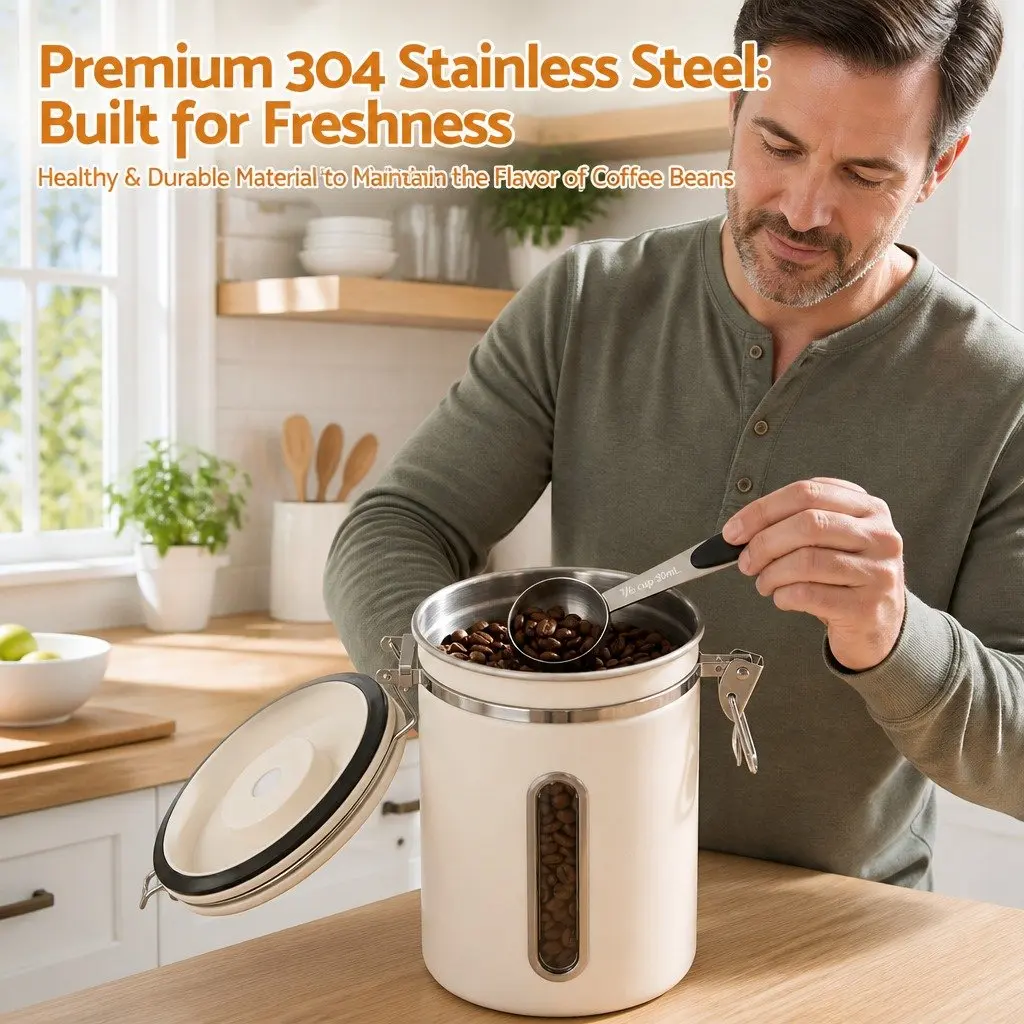 Coffee Bean Storage Container 1.8L Stainless Steel Canister with Viewing Window