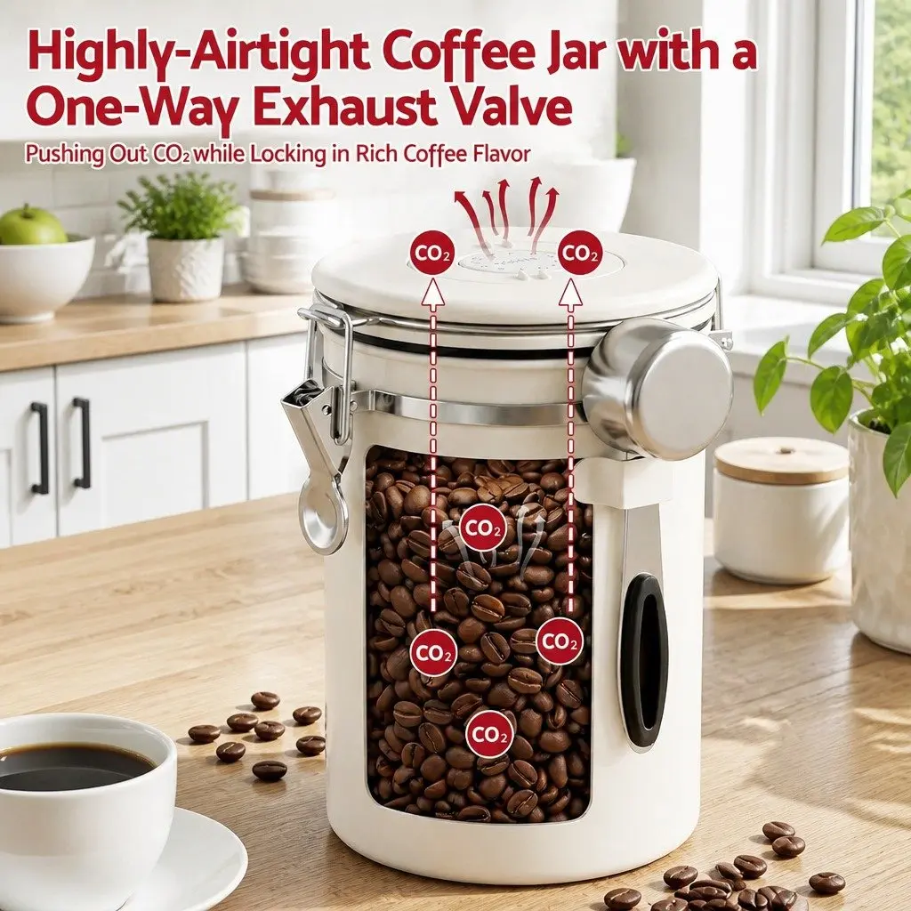 Coffee Bean Storage Container 1.8L Stainless Steel Canister with Viewing Window