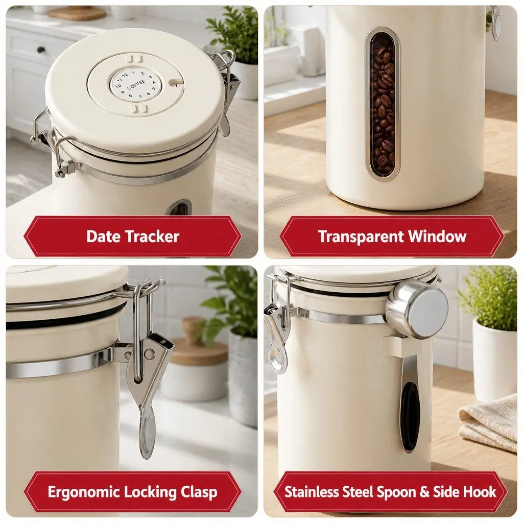 Coffee Bean Storage Container 1.8L Stainless Steel Canister with Viewing Window