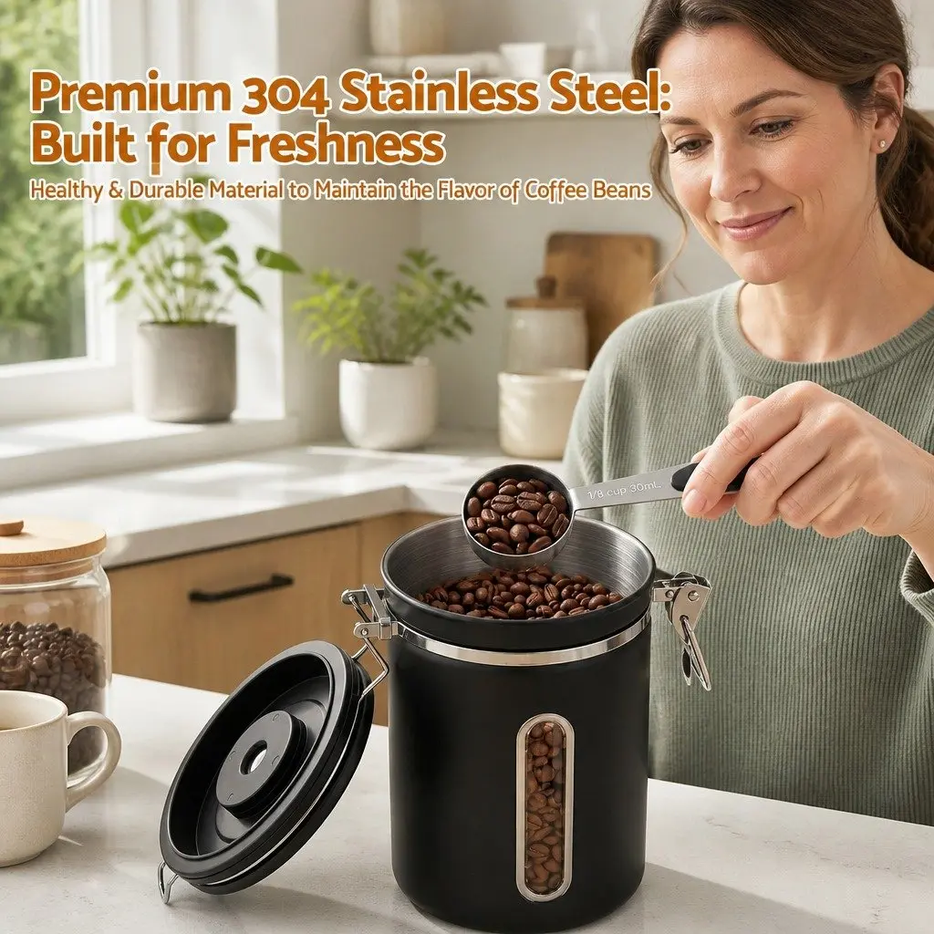 Stainless Steel Coffee Bean Storage Container for Kitchen 1.8L