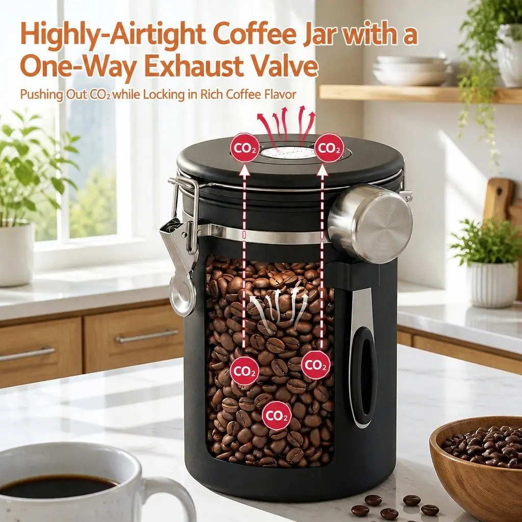 Stainless Steel Coffee Bean Storage Container for Kitchen 1.8L