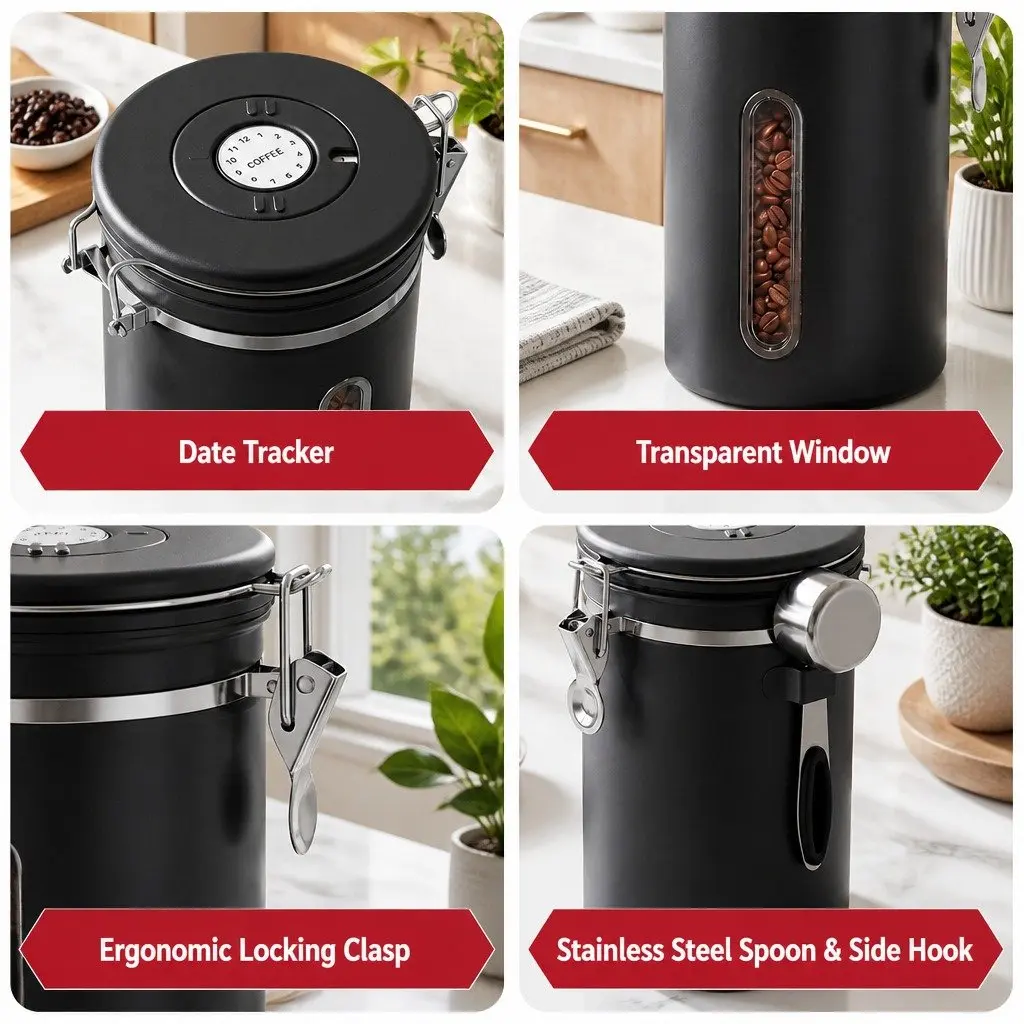 Stainless Steel Coffee Bean Storage Container for Kitchen 1.8L