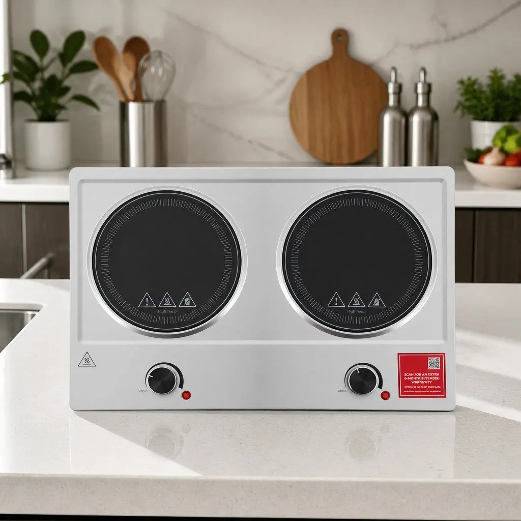 2 Zone Electric Ceramic Cooktop Hot Plate Infrared Knob Control 2400W Silver