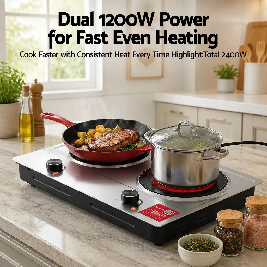 2 Zone Electric Ceramic Cooktop Hot Plate Infrared Knob Control 2400W Silver