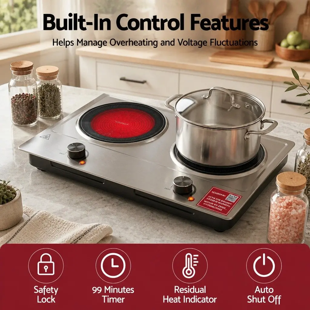 2 Zone Electric Ceramic Cooktop Hot Plate Infrared Knob Control 2400W Silver