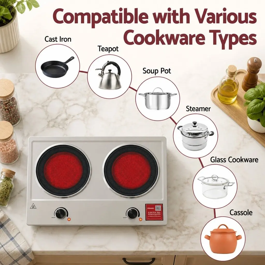 2 Zone Electric Ceramic Cooktop Hot Plate Infrared Knob Control 2400W Silver