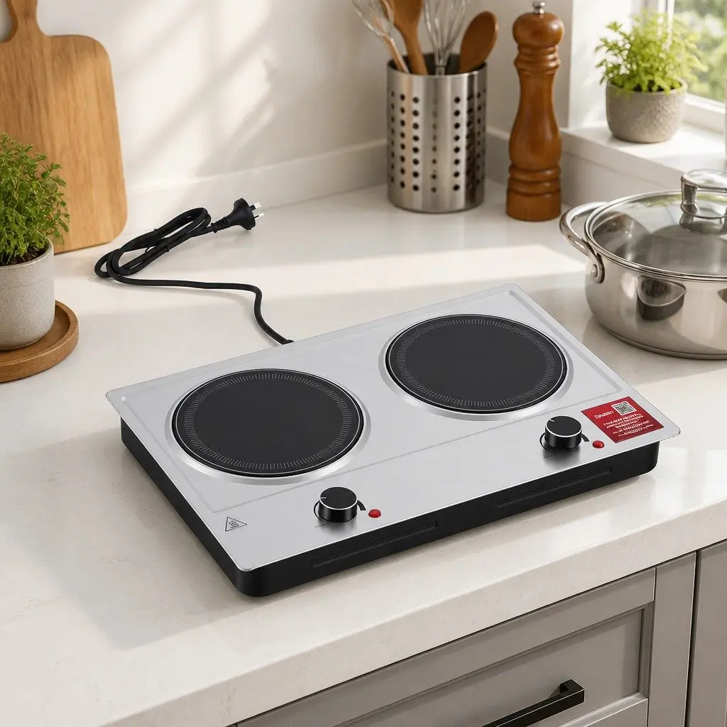 2 Zone Electric Ceramic Cooktop Hot Plate Infrared Knob Control 2400W Silver