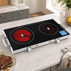 Portable Ceramic Cooktop Dual Burner Electric Hot Plate 2800W Black Benchtop