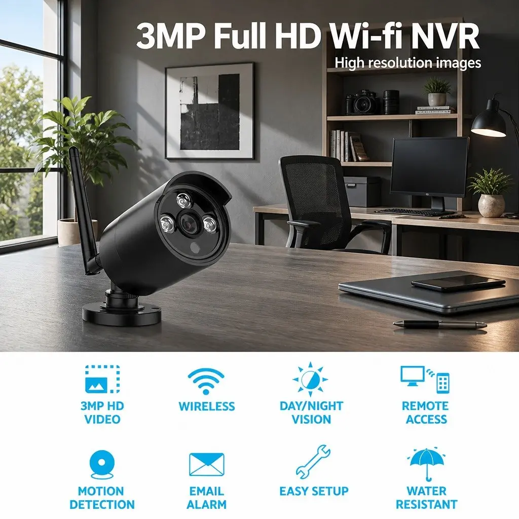 Wireless Bullet Security Camera 3MP Full HD Indoor Outdoor CCTV Black