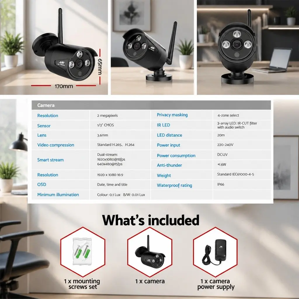 Wireless Bullet Security Camera 3MP Full HD Indoor Outdoor CCTV Black