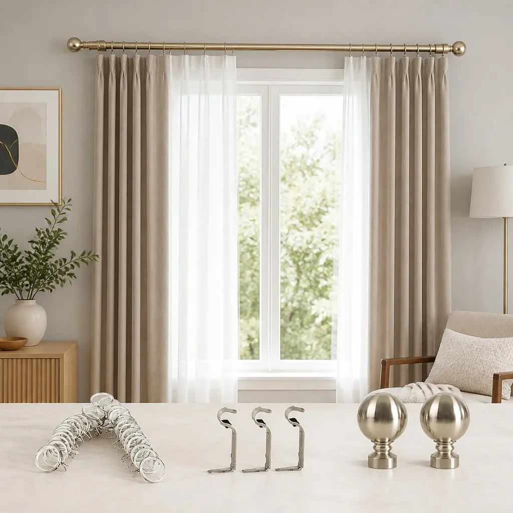 Extendable Curtain Rod Set Steel Pole Quiet Rail Silencer Sliders Home Decor