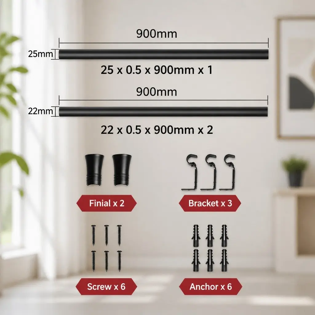 Extendable Curtain Rod Set for Home Decor Adjustable Black Steel Rail Pole 90cm