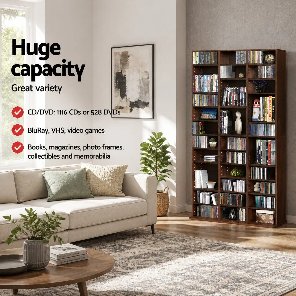 CD DVD Bookshelf Storage Rack Adjustable Shelves Media Organizer 102 x 23.5 x 194.5 cm