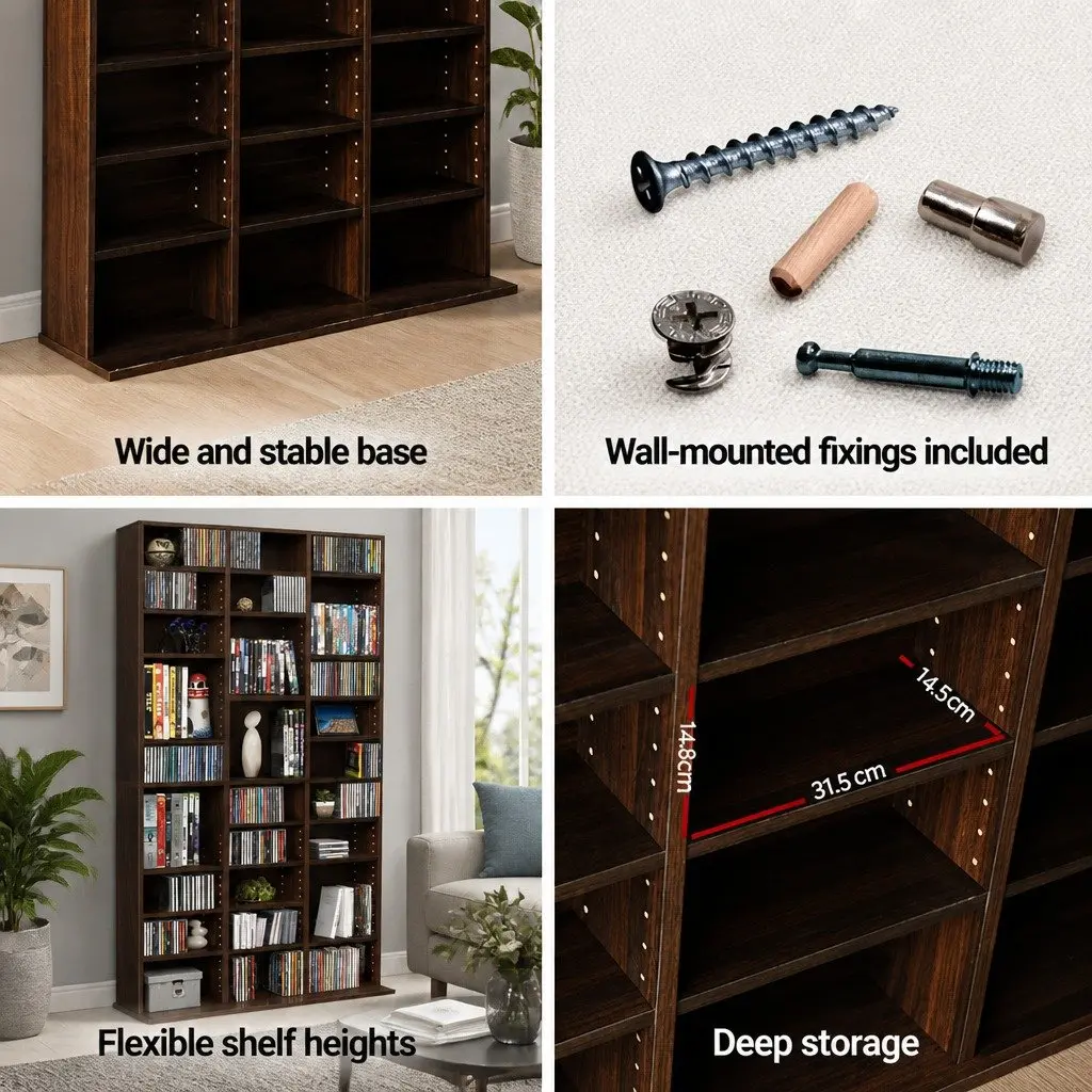 CD DVD Bookshelf Storage Rack Adjustable Shelves Media Organizer 102 x 23.5 x 194.5 cm