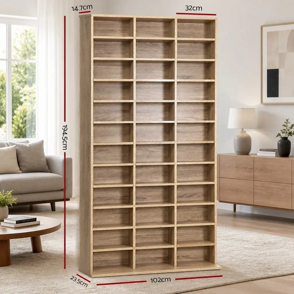 Oak CD DVD Bookshelf Storage Rack Living Room Adjustable Shelves 102 x 23.5 x 194.5 cm