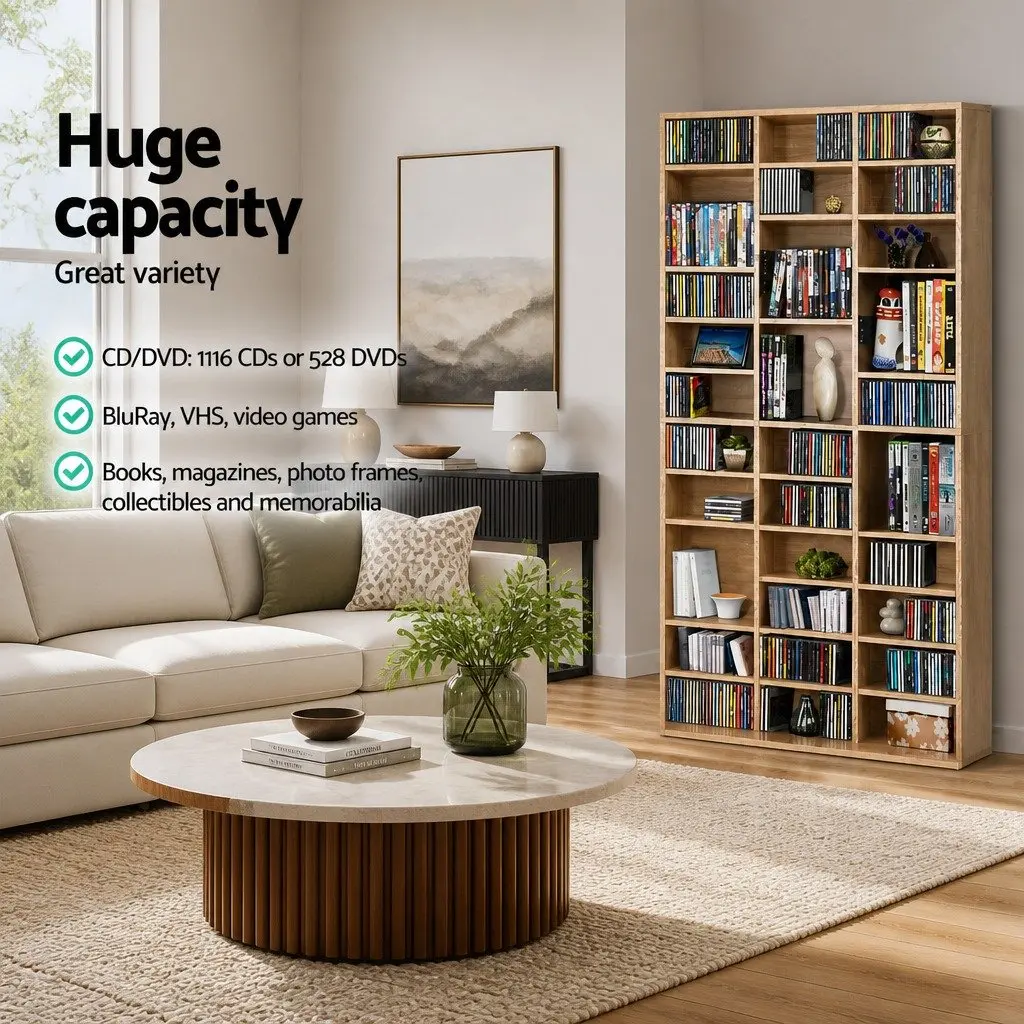 Oak CD DVD Bookshelf Storage Rack Living Room Adjustable Shelves 102 x 23.5 x 194.5 cm