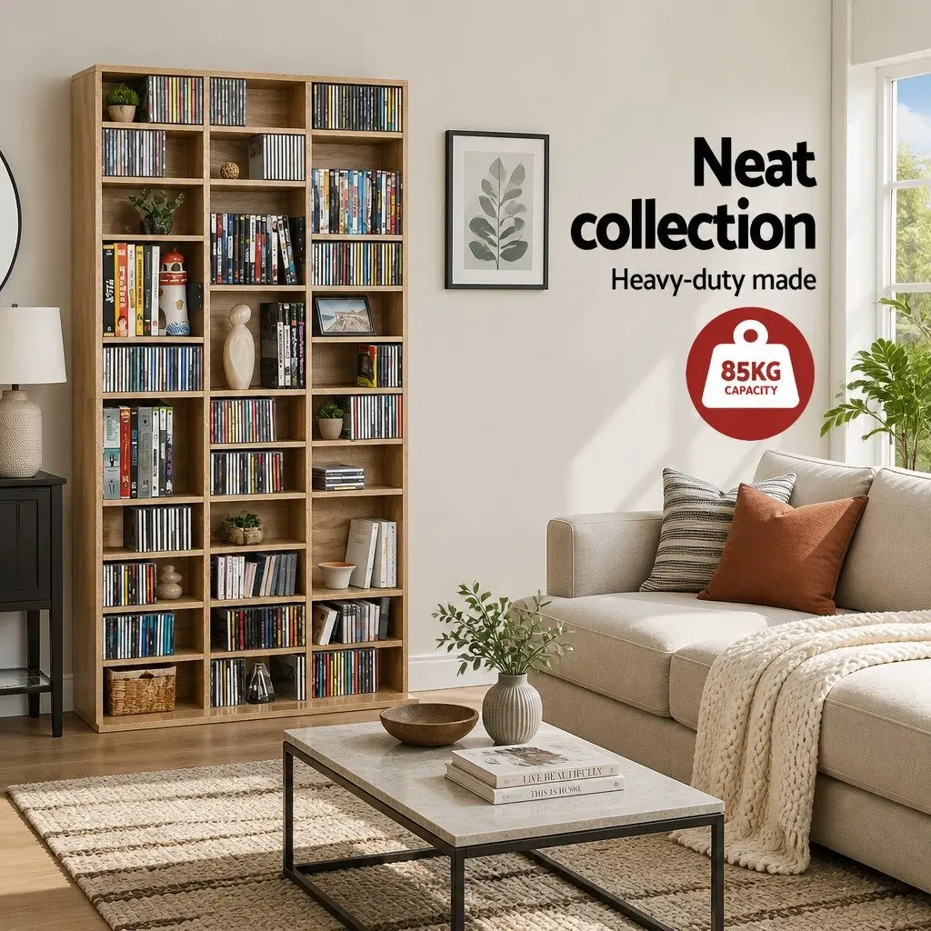 Oak CD DVD Bookshelf Storage Rack Living Room Adjustable Shelves 102 x 23.5 x 194.5 cm