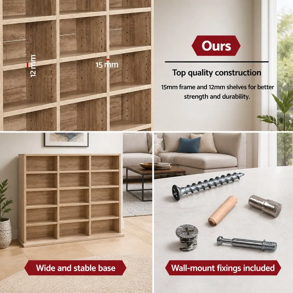 Oak CD DVD Bookshelf Storage Rack Living Room Adjustable Shelves 102 x 23.5 x 194.5 cm