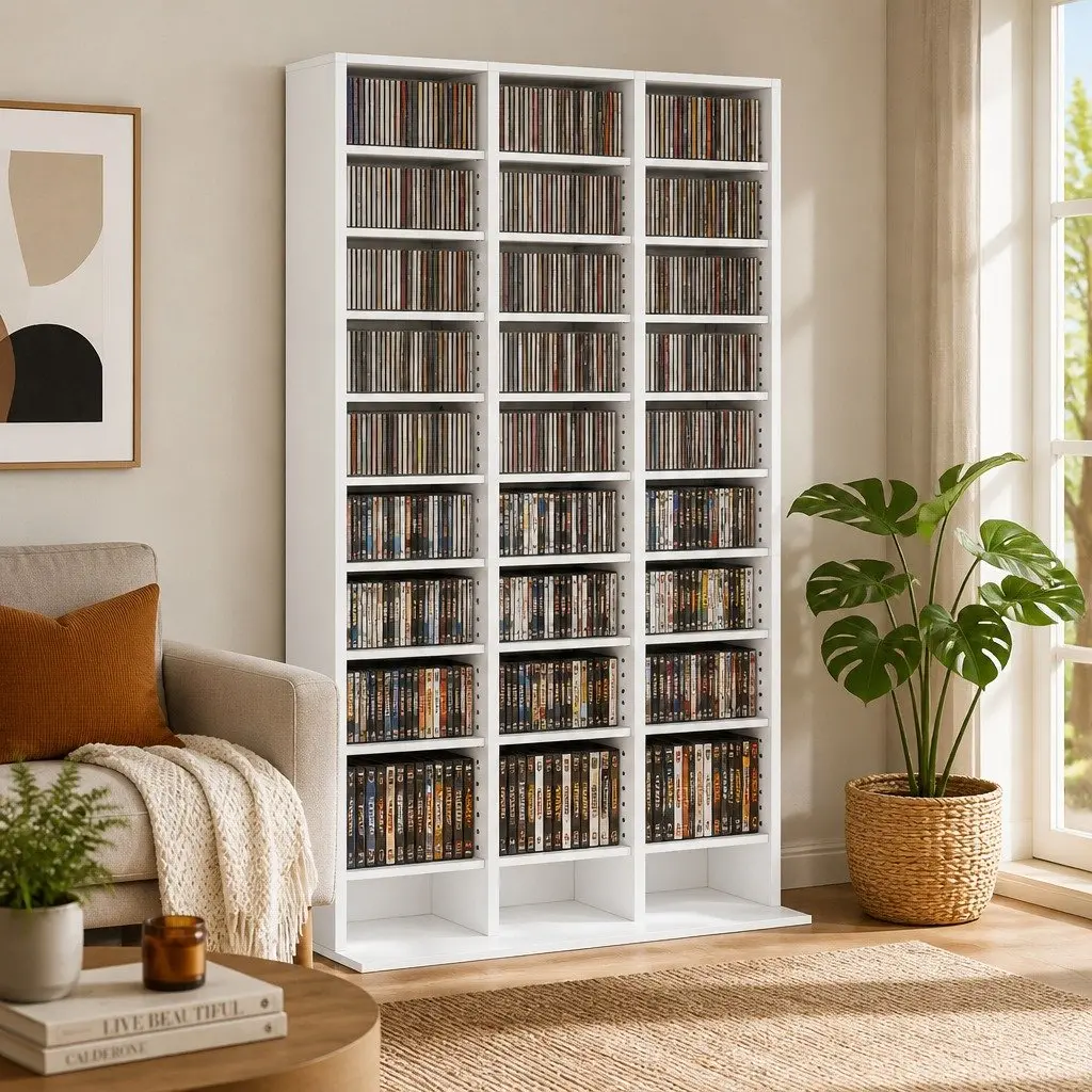 White Particle Board Bookshelf Living Room Adjustable Shelves