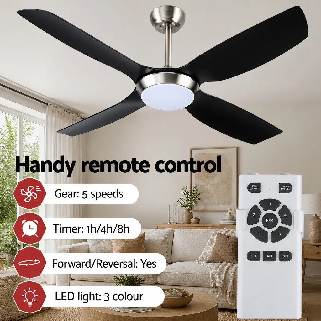 52 Inch Ceiling Fan DC Motor LED Light Remote Control 5 Speed Black Silver