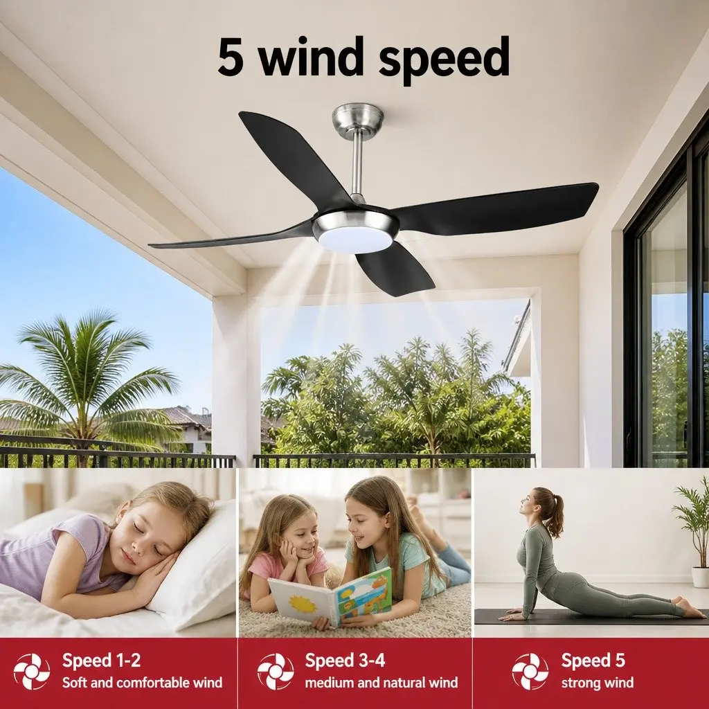52 Inch Ceiling Fan DC Motor LED Light Remote Control 5 Speed Black Silver