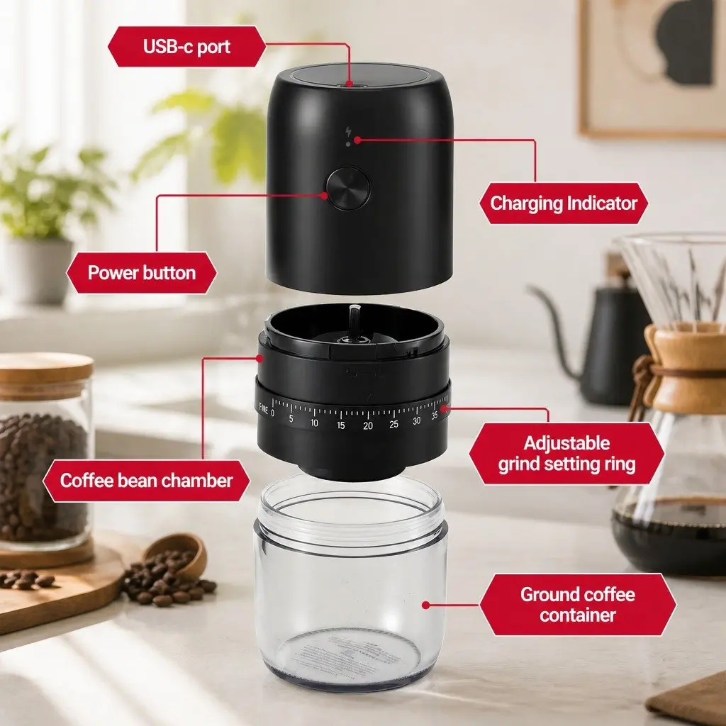 Electric Coffee Grinder Portable USB-C Rechargeable 40 Grind Settings Bean