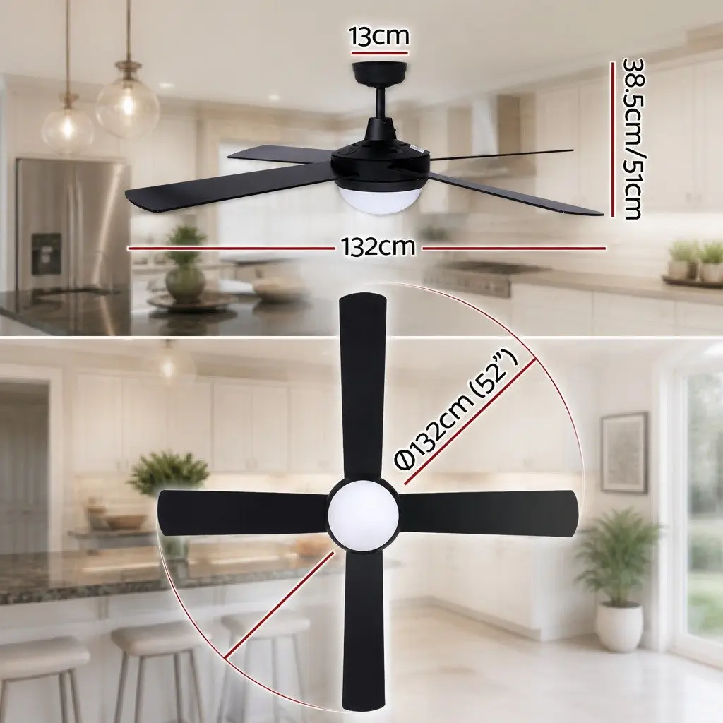 52 Inch Ceiling Fan DC Motor LED Light Remote Control 6 Speed Reverse Black